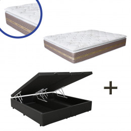Box Baú Casal Casal Bipartido Sintético Preto  + Colchão Coimbra Molas Ensacadas Umaflex 138x188x75